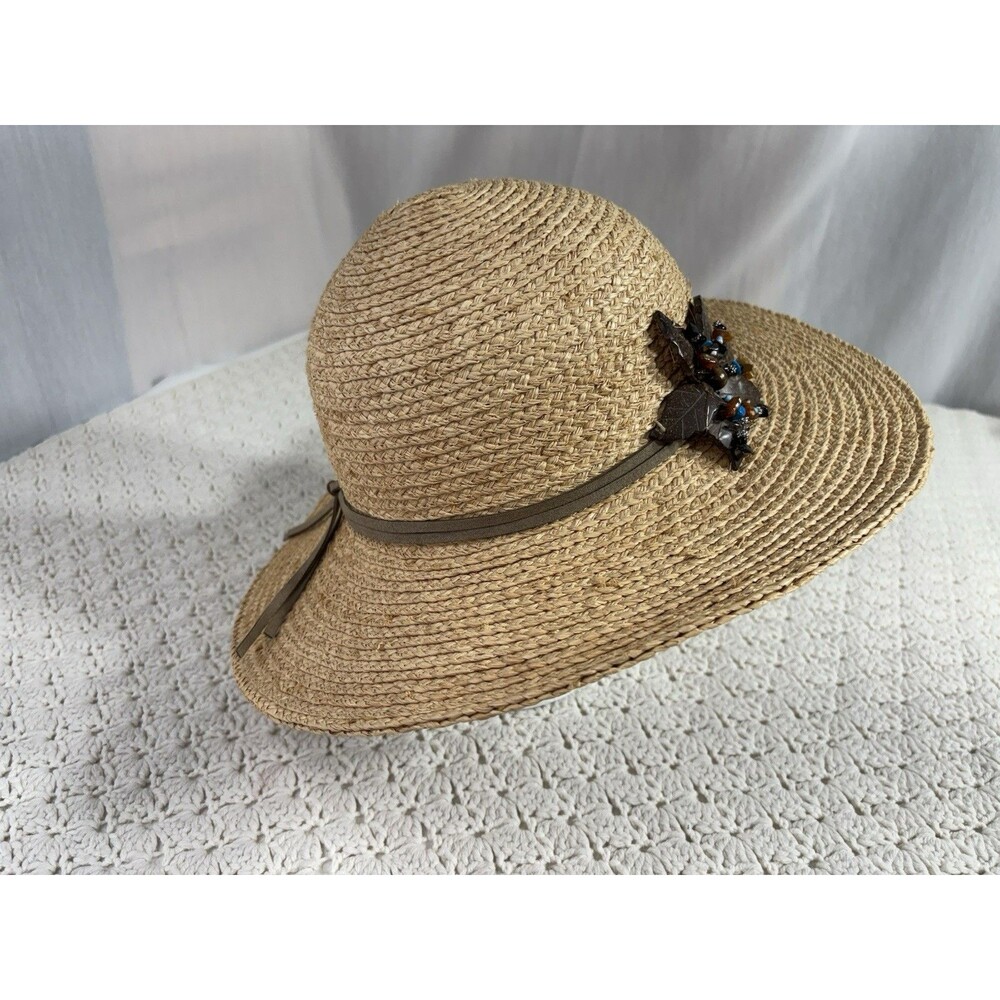 Scala Straw Sun Hat Womens Wide Brim Beach Boho Coastal Beads One Size EUC